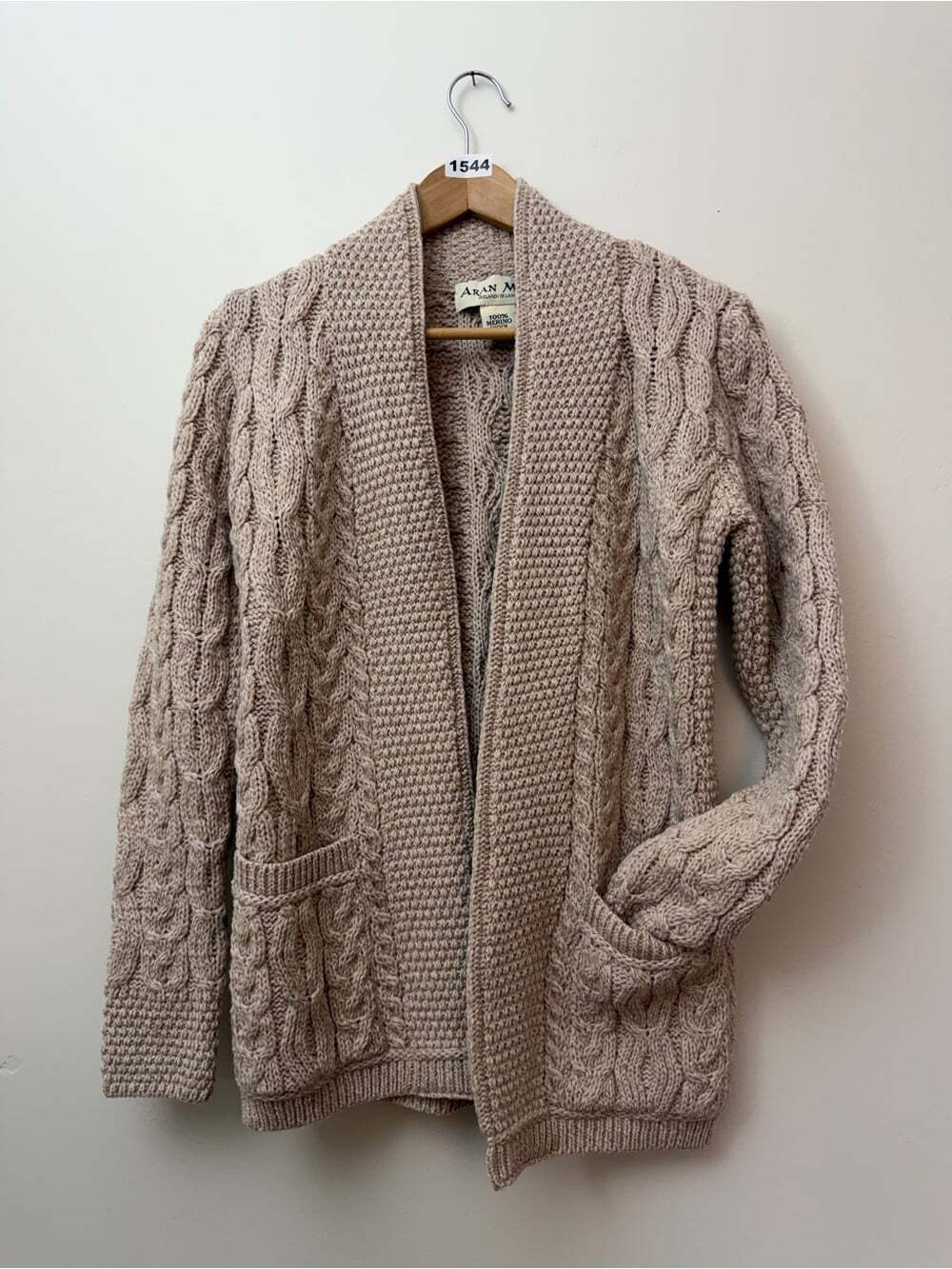 🐑Luxury Aran Mór Ireland 100% Merino Wool Cable Knit Cardigan Shawl Collar S